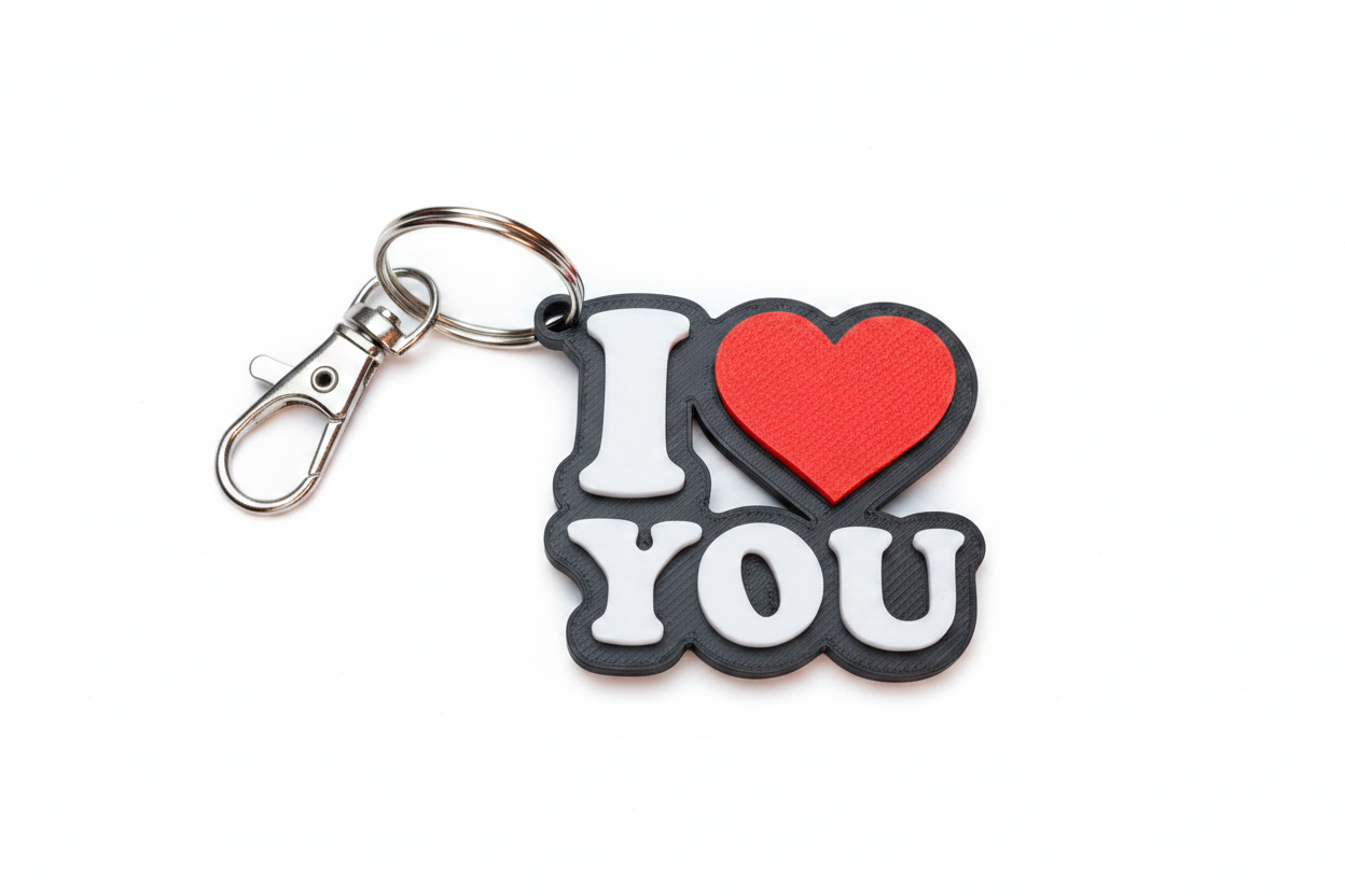 Charcoal I LOVE YOU keyring flat lay with silver clip