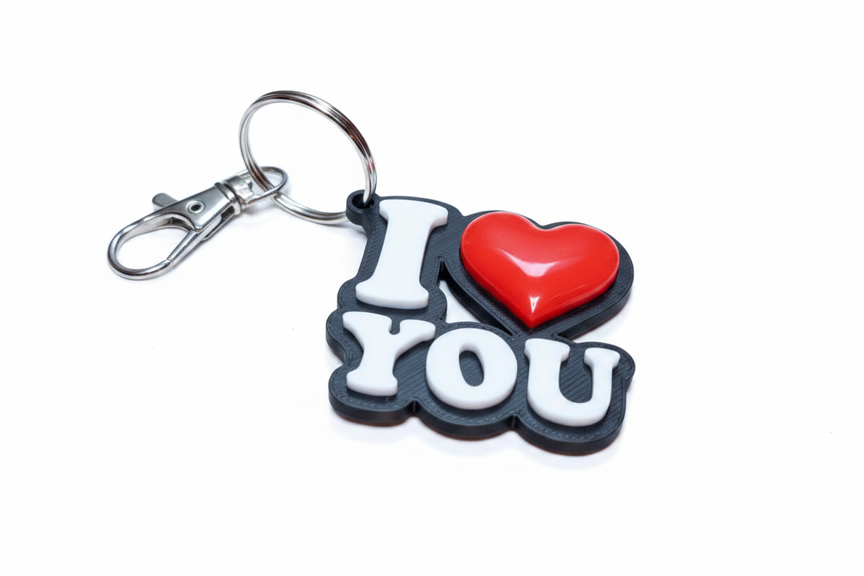 Charcoal I LOVE YOU keyring with white lettering and a red heart