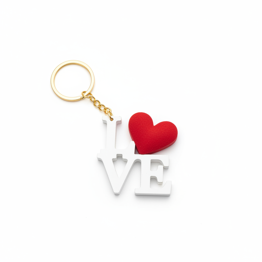 White LOVE keyring with a red heart and a gold ring